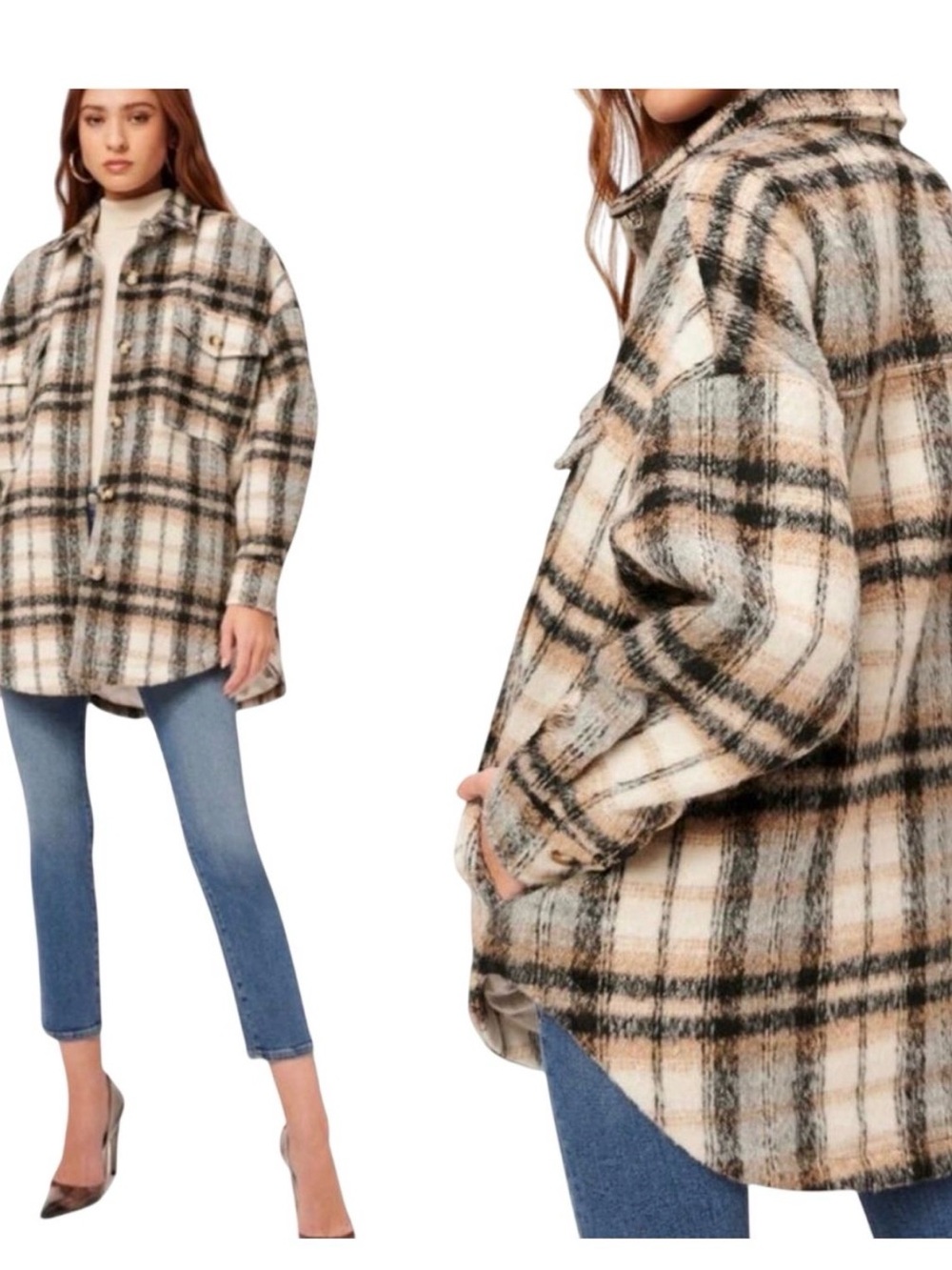 Good American Plaid Teddy Shacket in Cream, Tan & Black